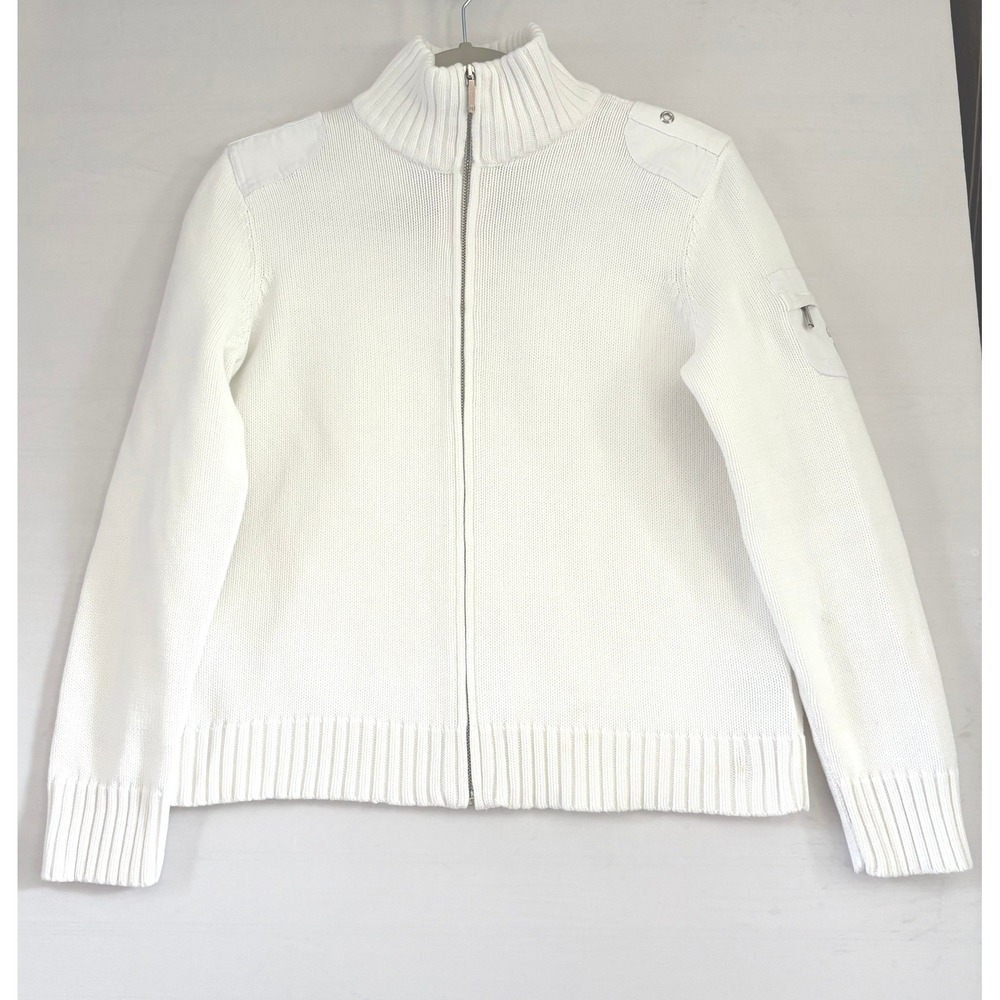 Lauren Ralph Lauren‎ White Full Zip Mock Neck Utility Sweater Womens Pocket Logo